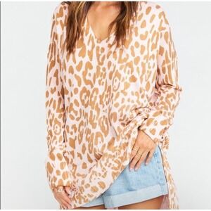 Show Me Your Mumu Long Sleeve Tunic Top V Neck Pink Brown Leopard Print Pullover